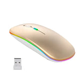 Muvit RGB Ultra Slim Wireless Rechargeable Mouse in gold with sleek design, colorful LED lights, and USB receiver for seamless connectivity.